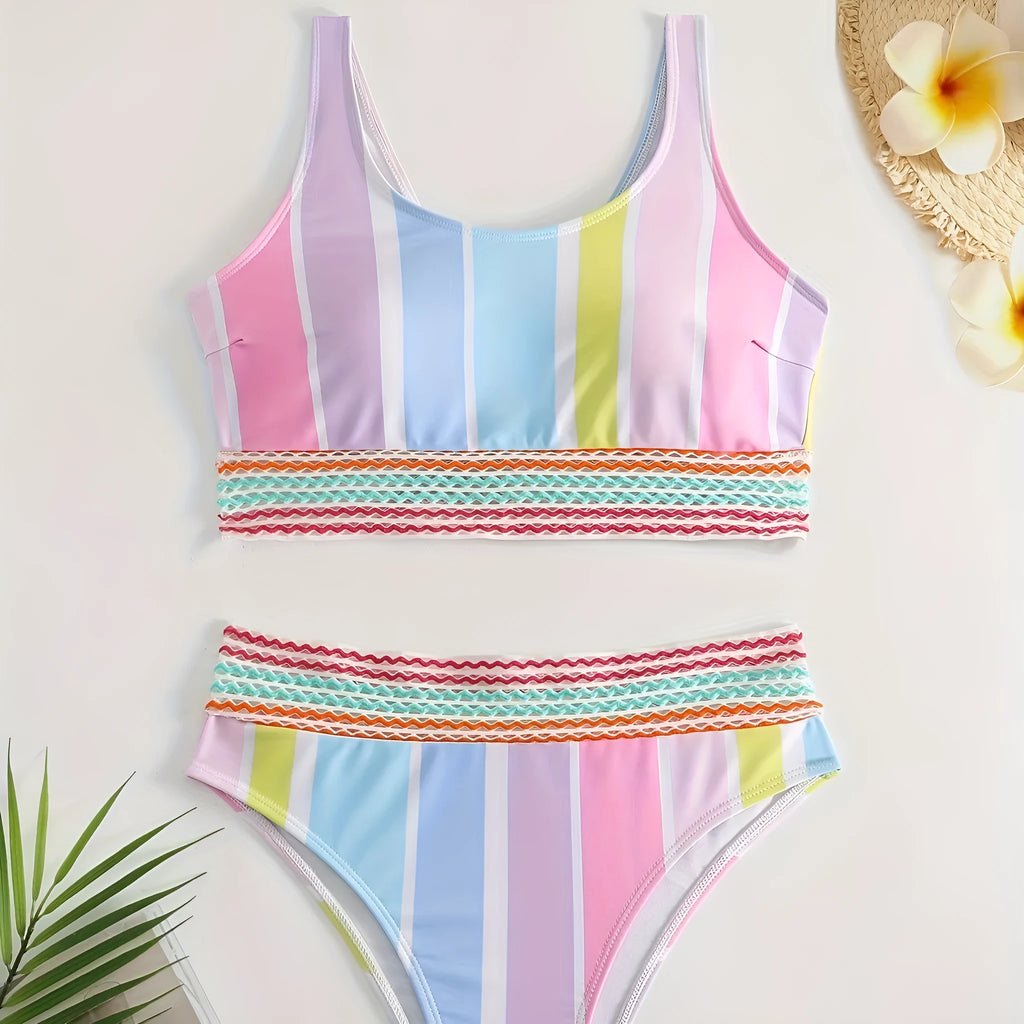 Women's striped bikini swimwear set with briefs bottoms in picture colour