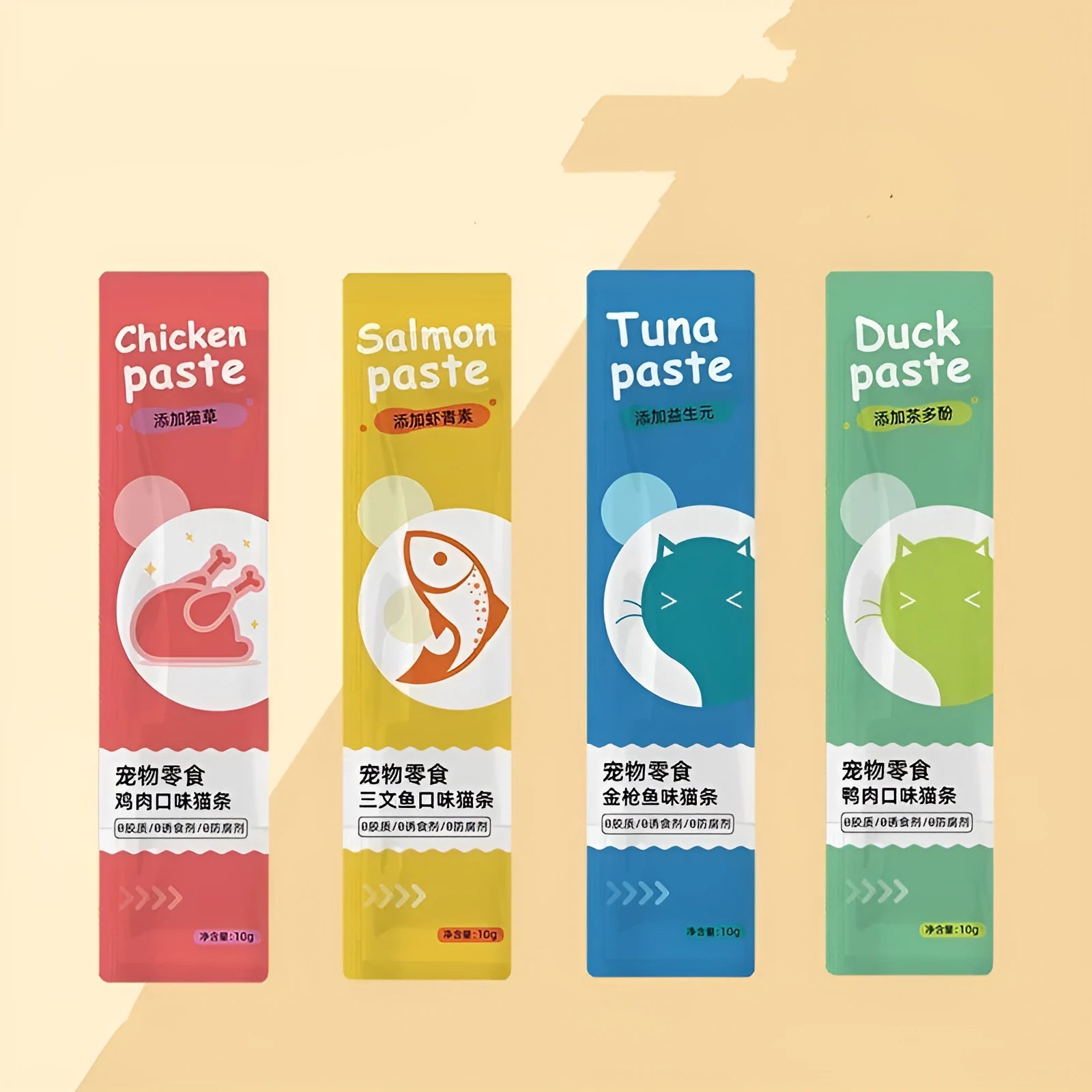 Multipack of cat strip snacks showing 10 strips in selected flavour for adult cats