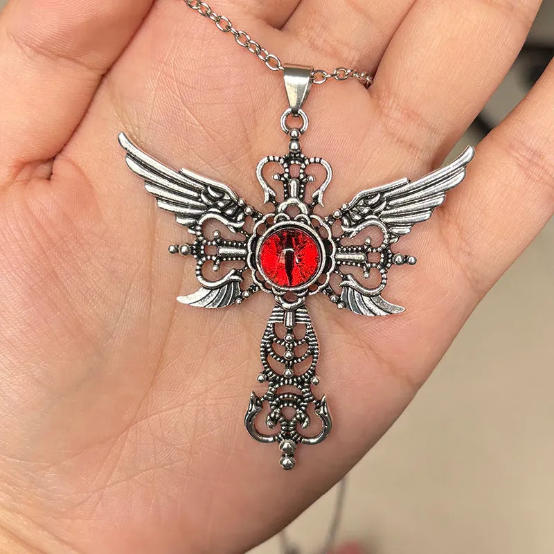 Alloy devil wings and cross geometric pendant necklace in five colour options.