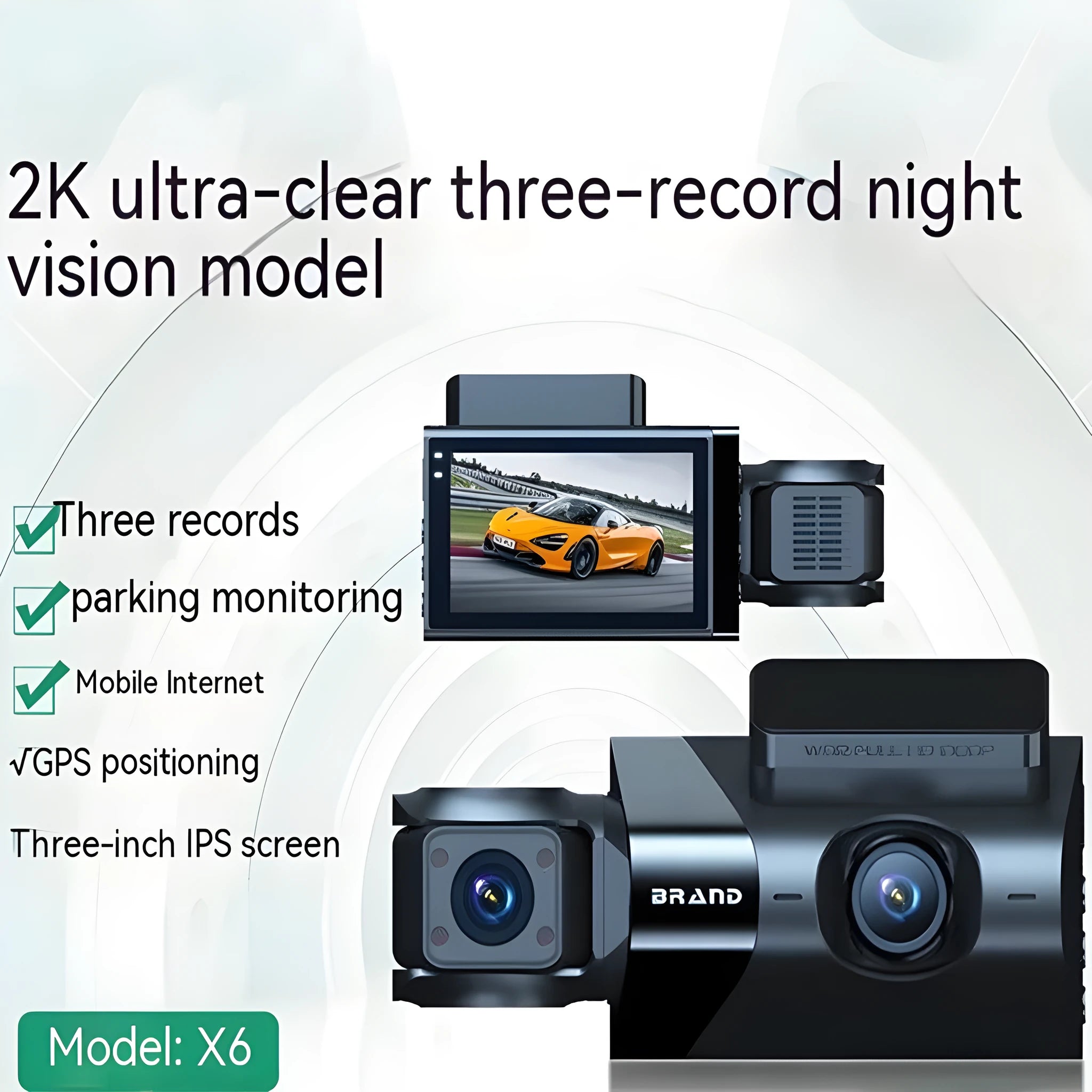 Black dashboard camera with 5-inch screen showing GPS and Wi-Fi interconnection for vehicle security recording