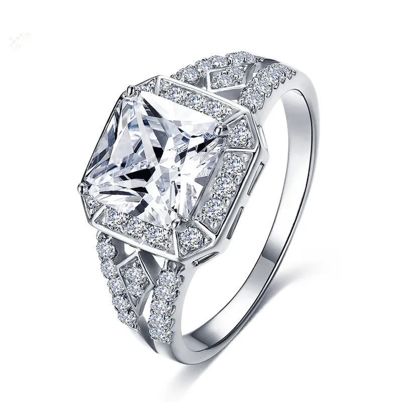 Women's geometric zircon ring with hollow quadrilateral design in platinum colour