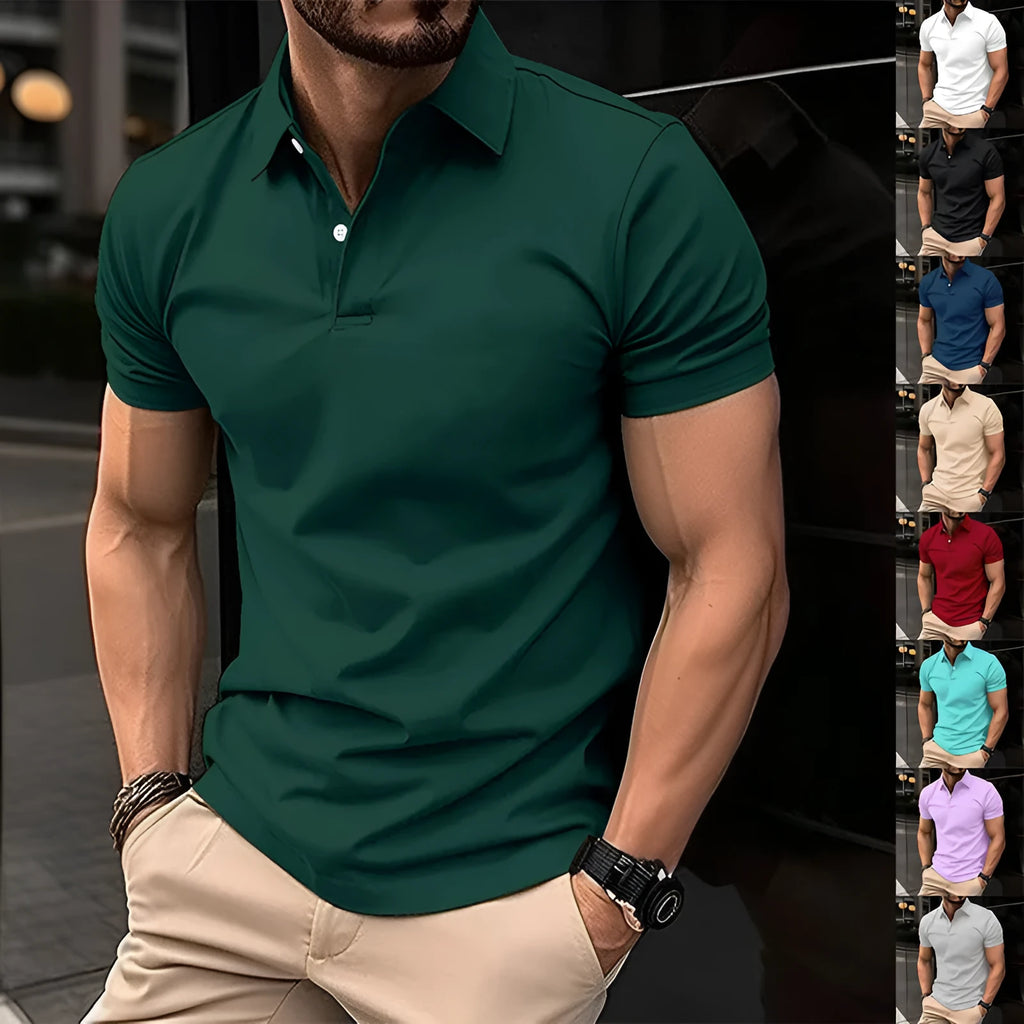 Men's solid colour short sleeve polo shirt with button lapel in cotton blend fabric