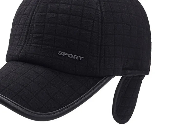Men's black winter thickened cotton baseball cap with ear protection, adjustable 56-60 cm circumference