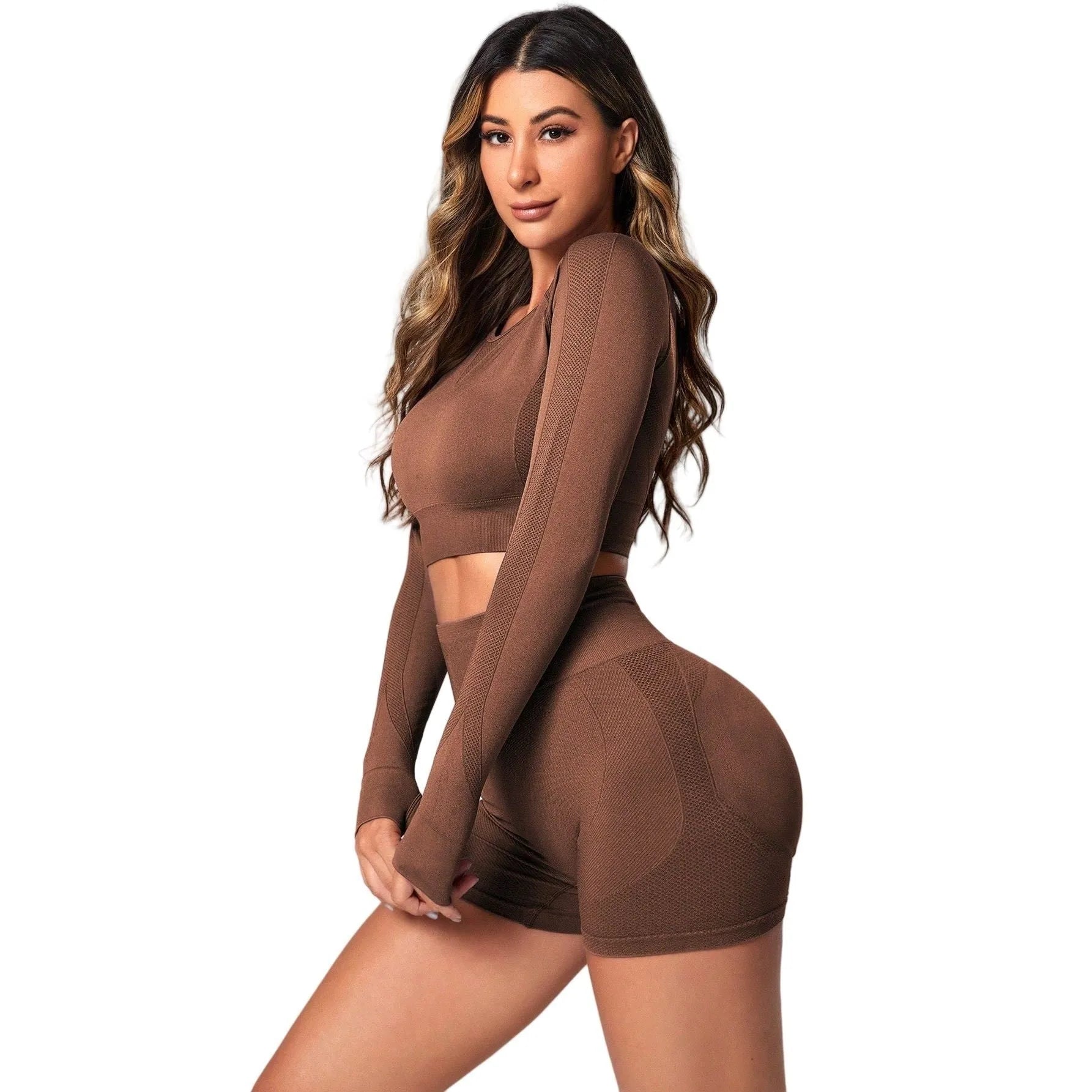 Women's black yoga clothing set with long sleeve top and high-waisted leggings