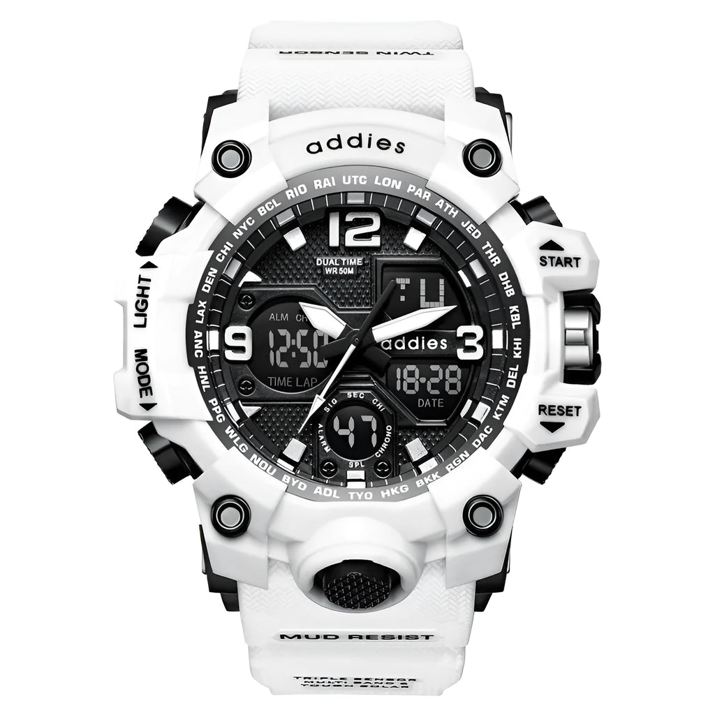 Men's white and red dual display sports watch with analogue hands and digital readout