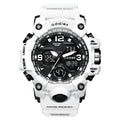 Men's white and red dual display sports watch with analogue hands and digital readout