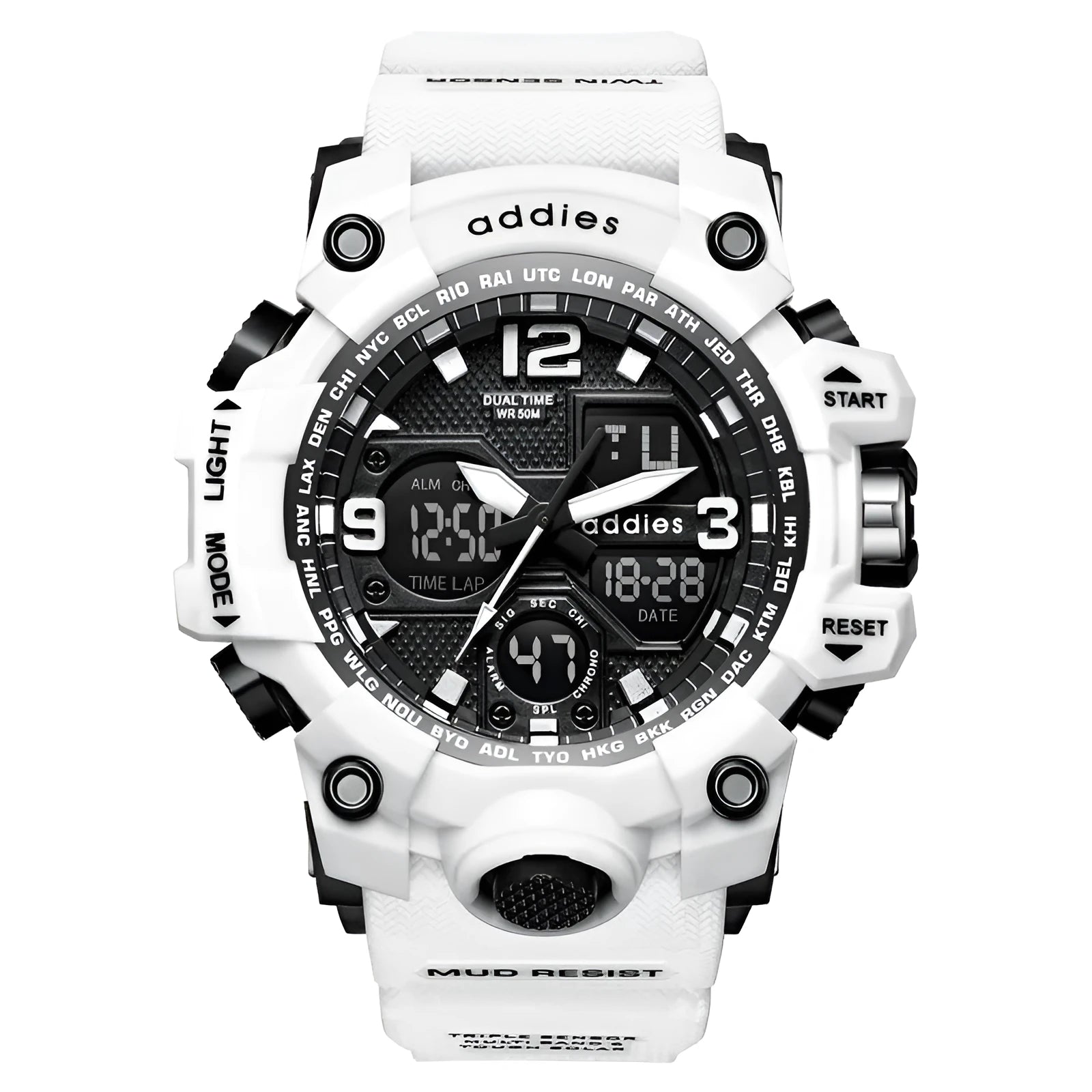 Men's white and red dual display sports watch with analogue hands and digital readout