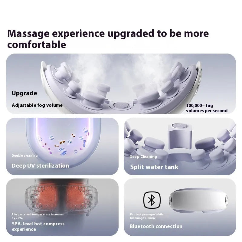 Purplish grey rechargeable Bluetooth eye moisturising and hot compress massage device.