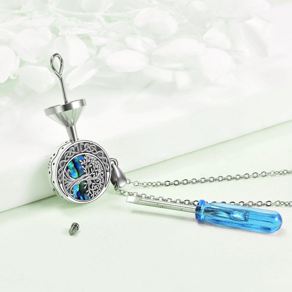 Sterling silver Tree of Life urn necklace with abalone shell stone on 18 inch chain, white gold plated finish