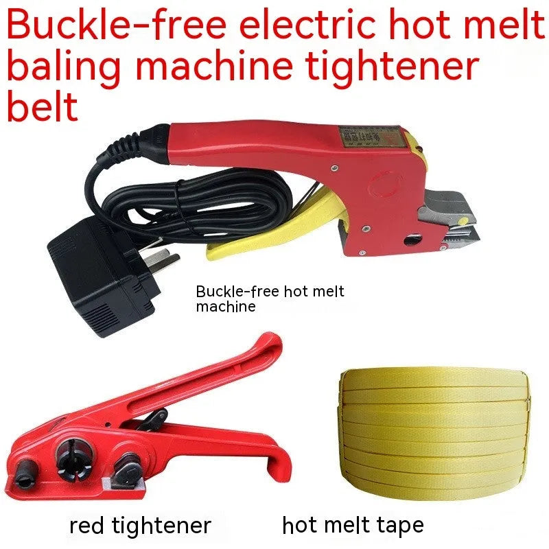 Electric hot melt packing machine with plastic steel tensioner and roll of yellow packaging tape