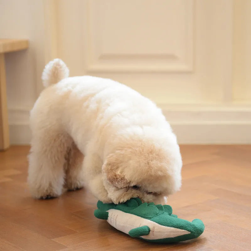 Green plush toy dog measuring 35cm long with soft fabric and interactive features