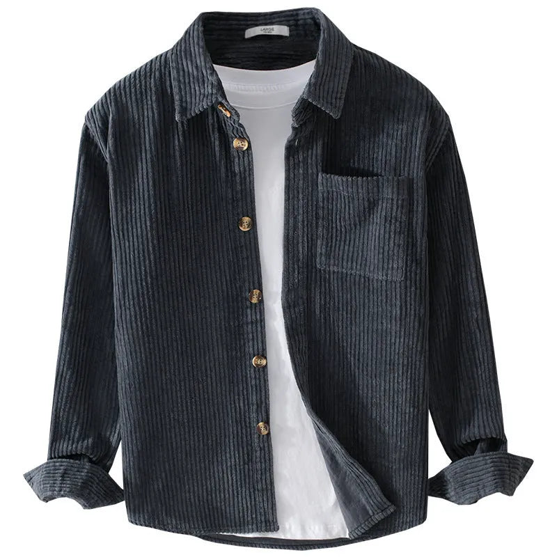 Men's winter corduroy shirt with chest pocket and button front in khaki colour