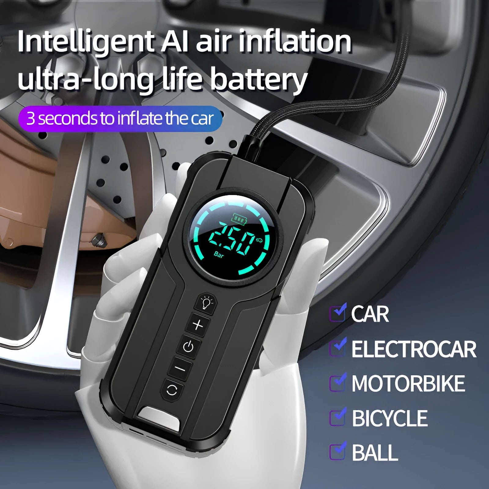 Black portable wireless car air pump with 6000mAh battery, 12V cable, and accessories kit on a grey background.