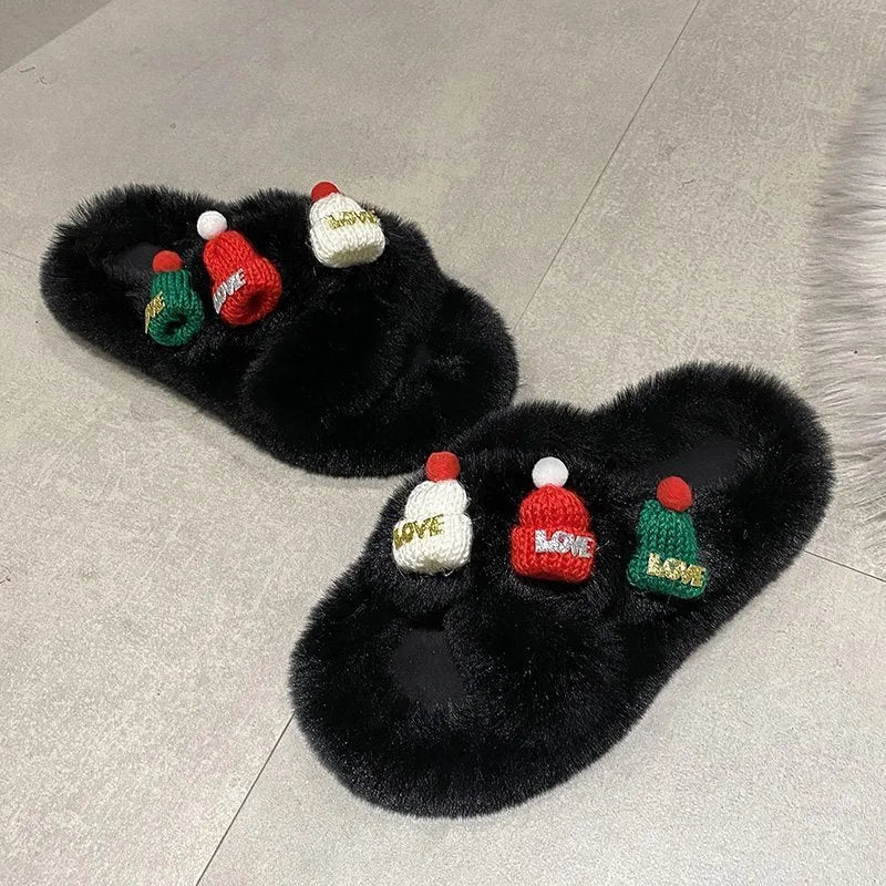 Women's Christmas hat design slippers with hairy faux plush upper, rubber sole, in black, khaki, or white.