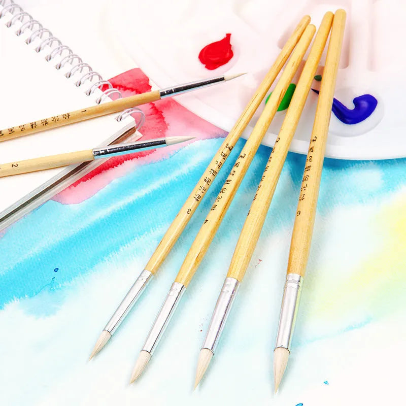 6 wooden hook line pen brushes for wool craft with pointed handles and conventional colours