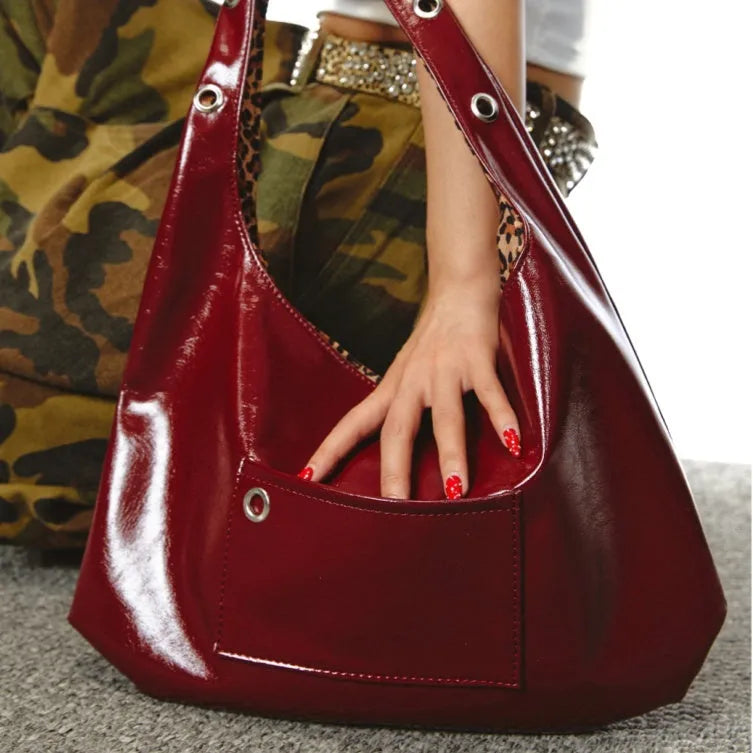 Red leopard print women's shoulder bag with dumpling shape design and two-side zippered compartment