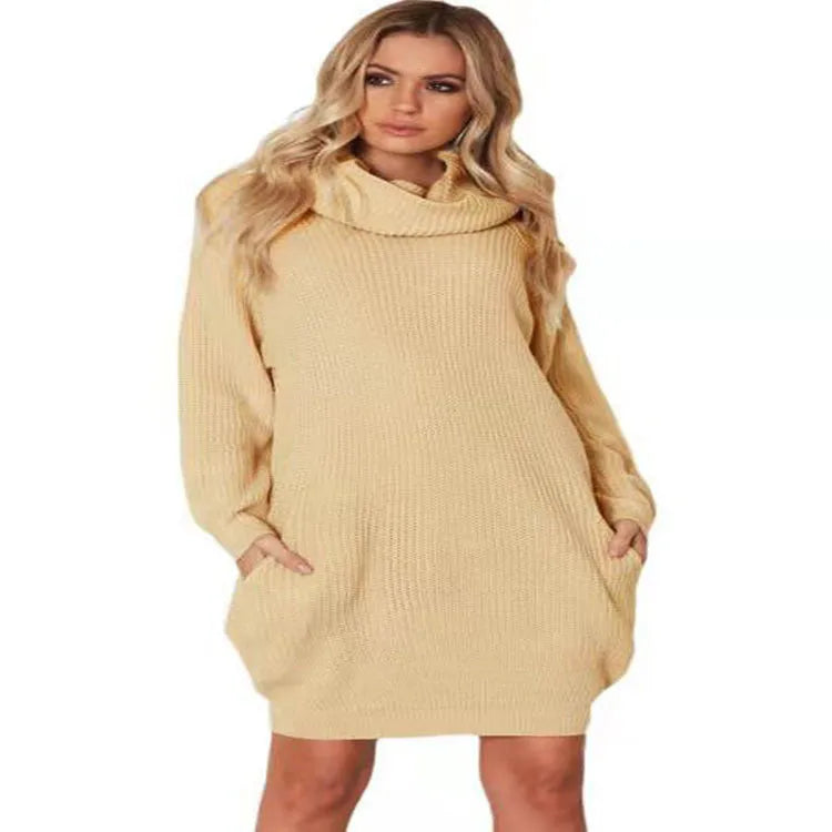 Women's apricot-coloured lapel collar loose sweater with side pockets, mid-length.