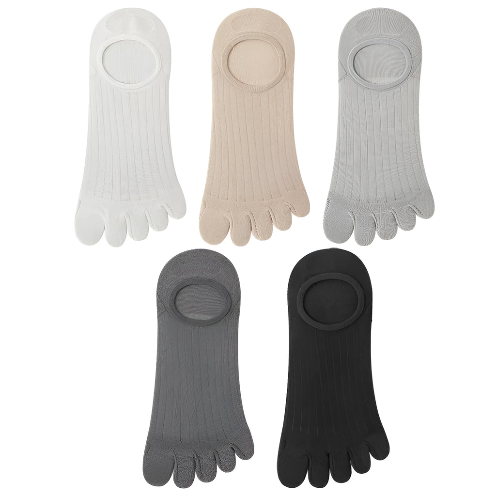 Men's five-finger invisible socks in modal fabric showing colour options: white, khaki, light grey, dark grey, black
