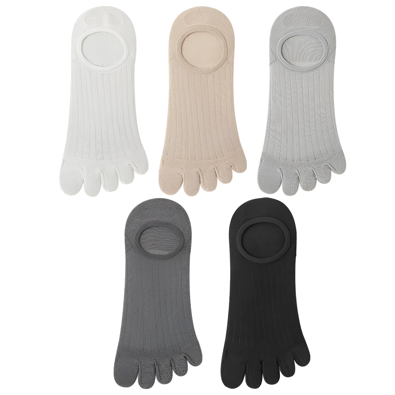 Men's five-finger invisible socks in modal fabric showing colour options: white, khaki, light grey, dark grey, black
