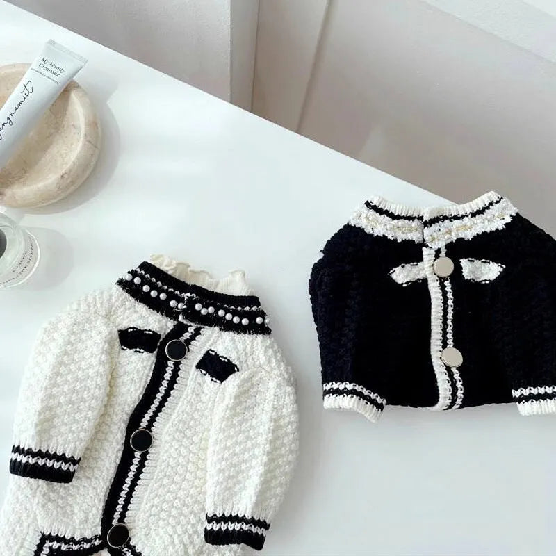 Korean style white dog sweater with pearl collar on small dog showing Princess cut design