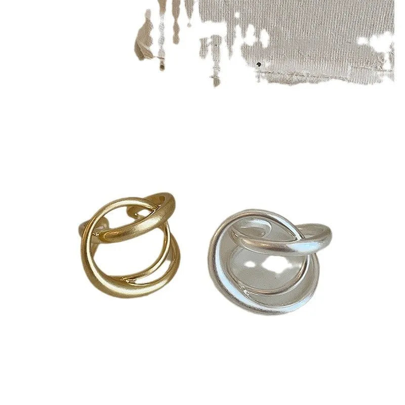 Three-dimensional interlaced matte metal geometric open ring in gold and silver plating options