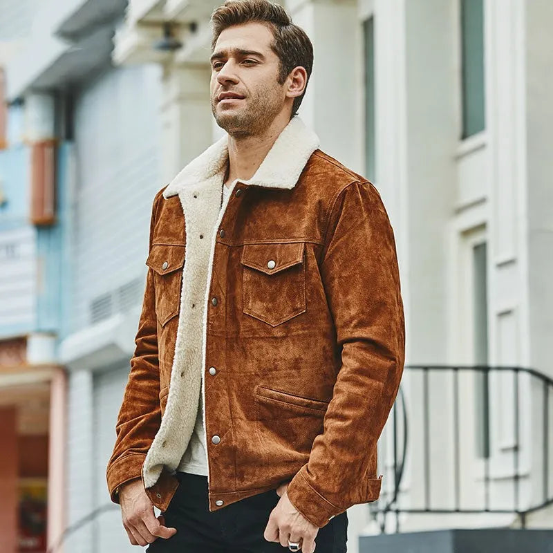 Men's genuine brown pigskin leather jacket with cotton padding and lapel collar
