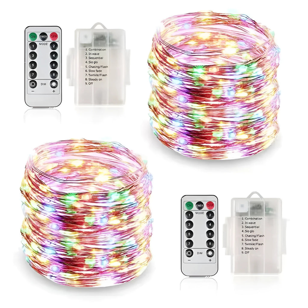 12-metre long copper wire LED string lights with 120 small bulbs, showing yellow, green, blue, and warm white colour options.