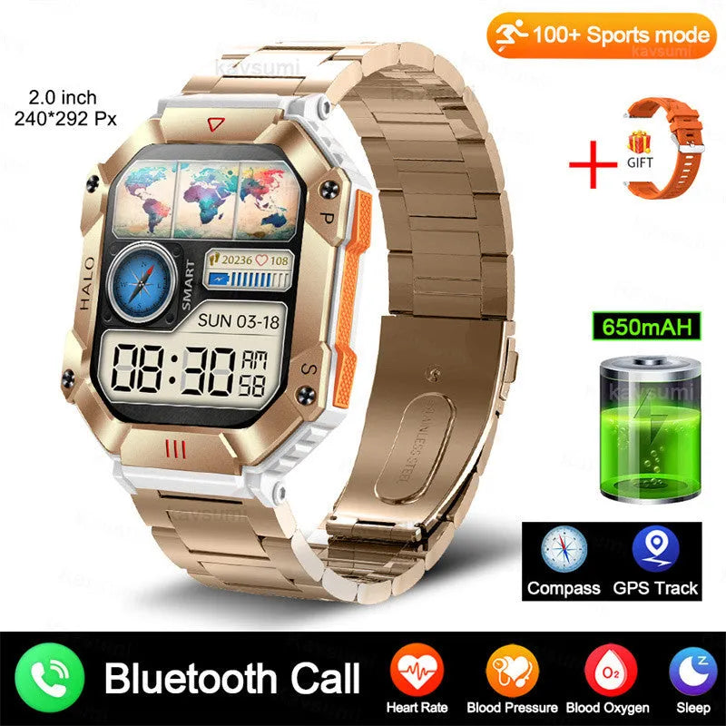 Android GPS smart watch with titanium alloy case showing multiple strap options including camouflage, leather and steel styles.