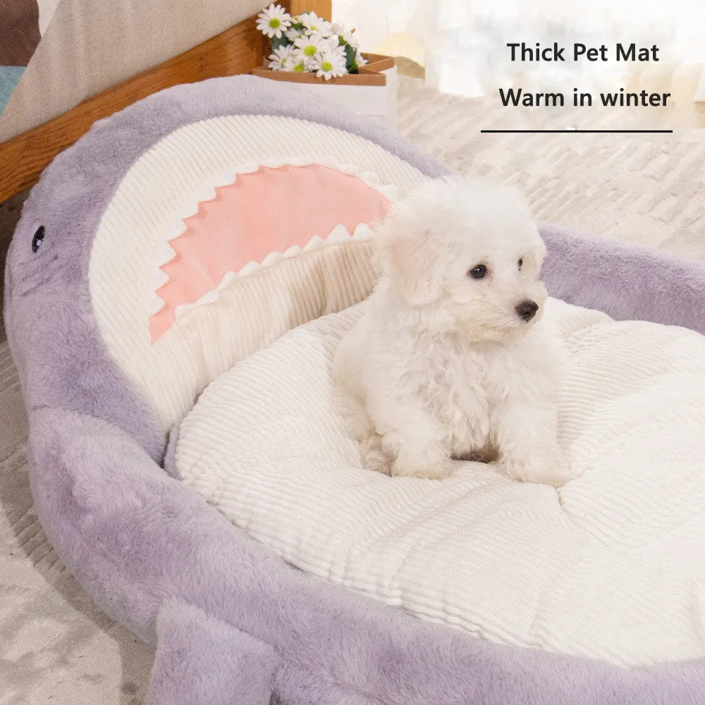 Shark pattern pet bed with velvet fabric and non-slip base in blue colour