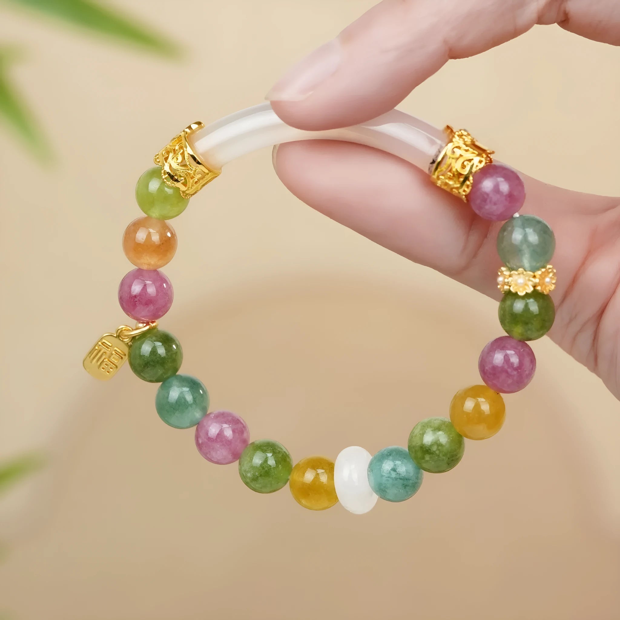 Rainbow coloured tourmaline half bracelet for women with jade pith and electroplated finish