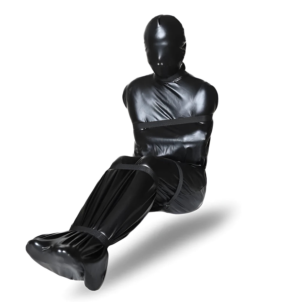 Black patent leather bondage set with full body outfit and six ratchet tie-down straps