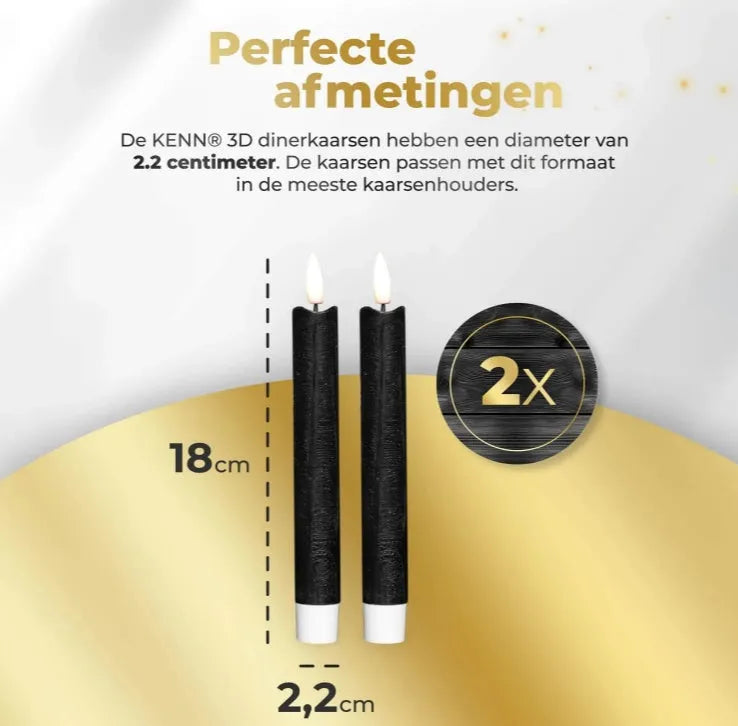 Black S2 3D Flame LED Taper Candle measuring 2.2cm diameter and 18cm height with realistic flickering light effect