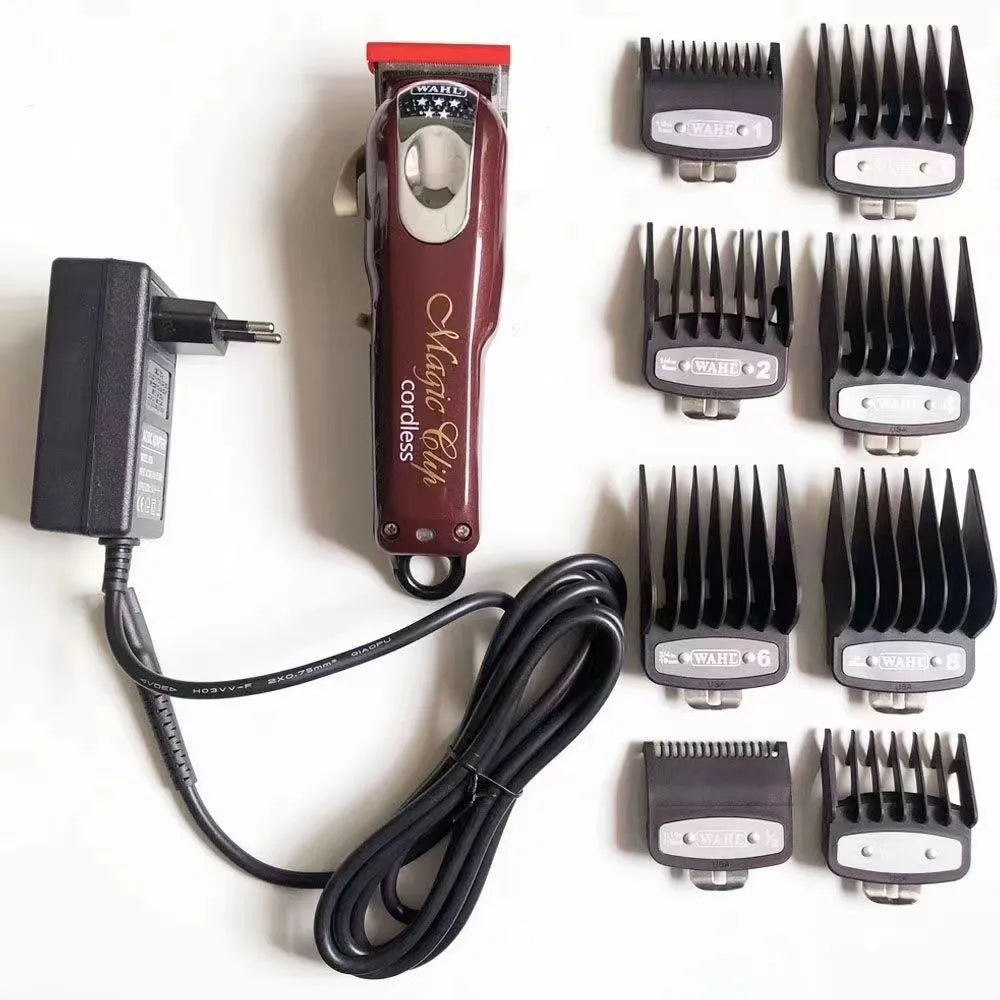 Rechargeable hair clipper for adults and children with stainless steel cutter head, showing EU, UK and US plug options.