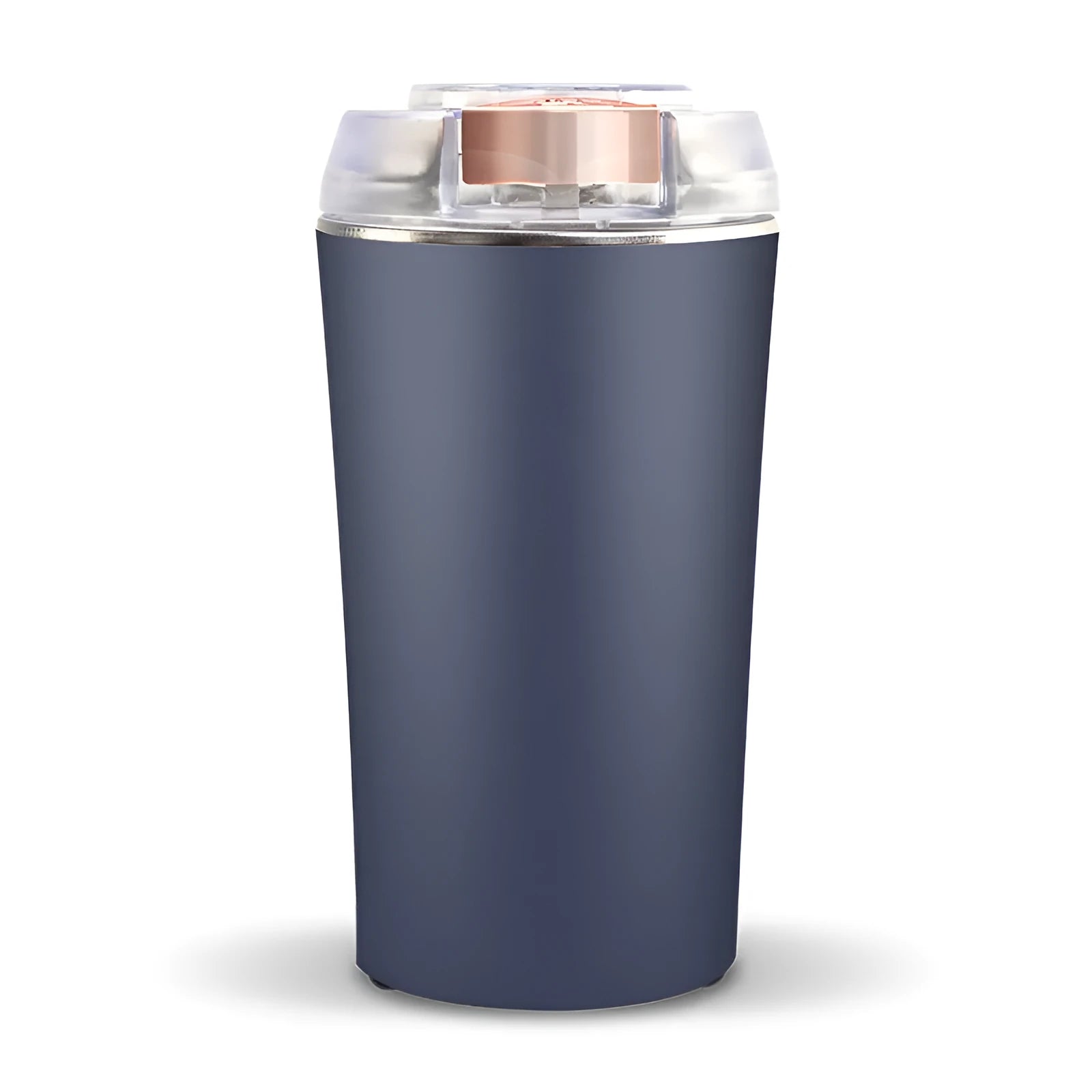 Blue mini electric flour mill and spice grinder with stainless steel grinding chamber.