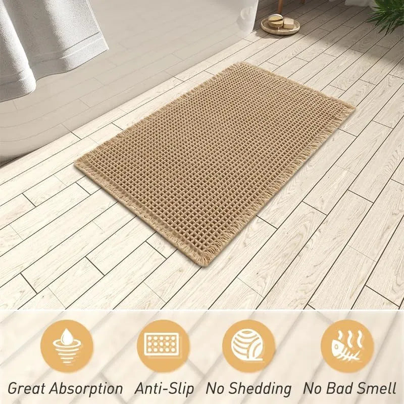 Square checkered pattern bathroom carpet on tiled floor in light grey colour.
