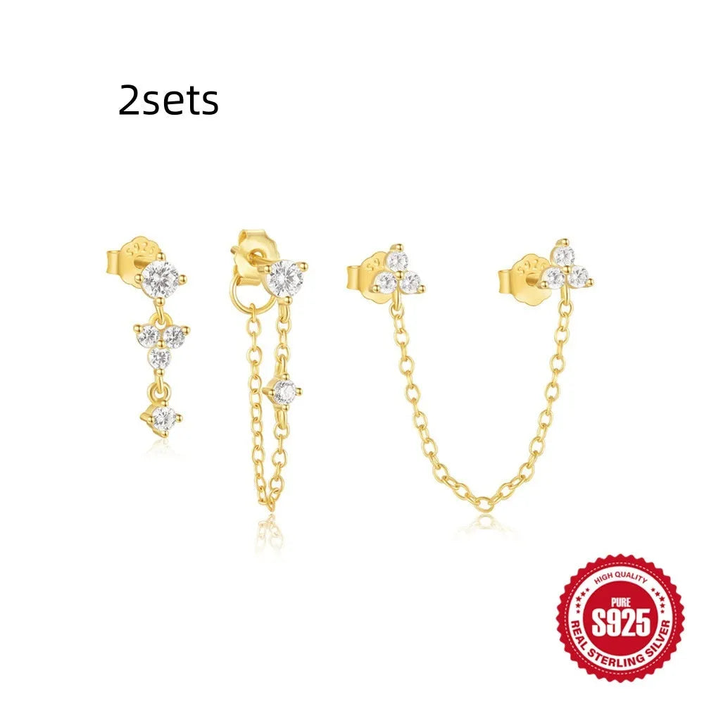 Geometric zircon tassel earring set in S925 sterling silver - three pairs of women's stud earrings