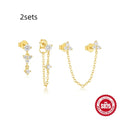 Geometric zircon tassel earring set in S925 sterling silver - three pairs of women's stud earrings