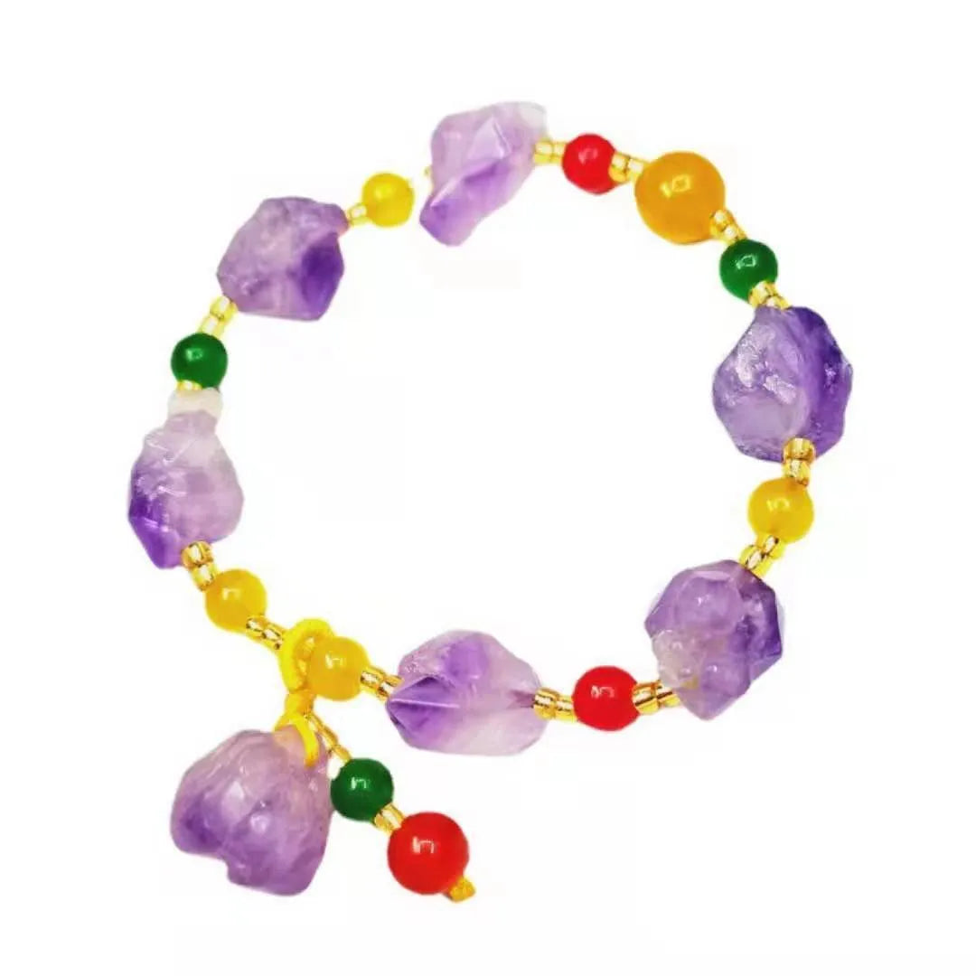 Natural shaped amethyst bead bracelet with fu character charm for women