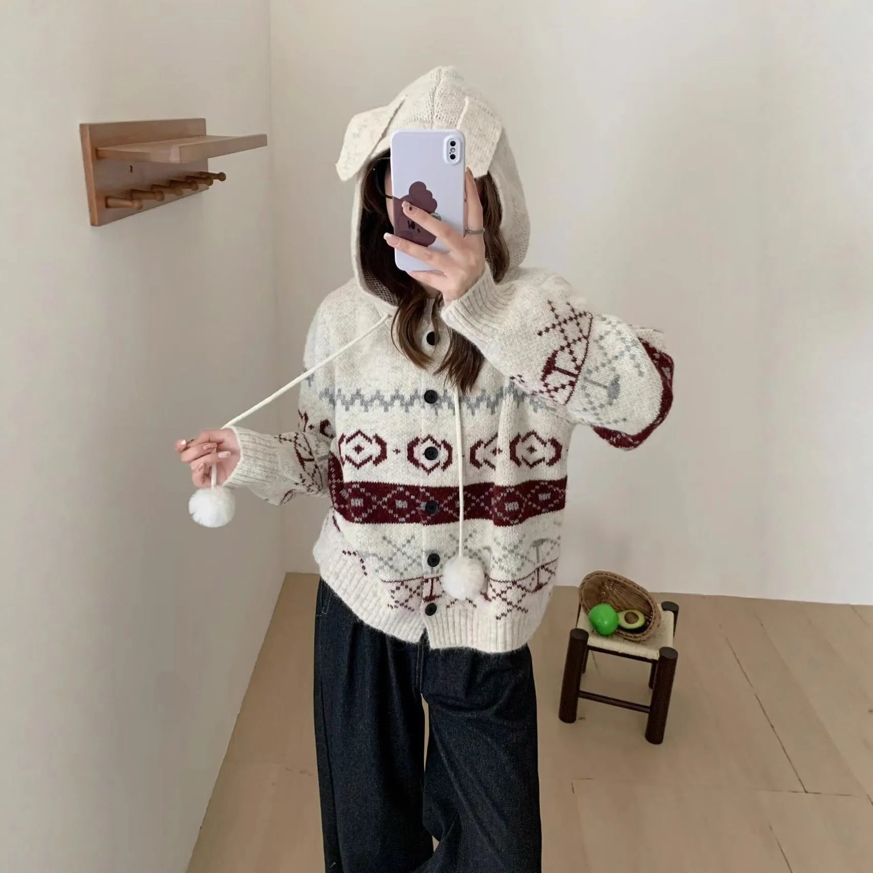 Women's plus size brocade sweater coat with geometric pattern in loose fit free size