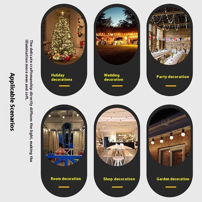 Outdoor decorative string lights with 10 A60 LED bulbs in waterproof construction for wedding and garden use
