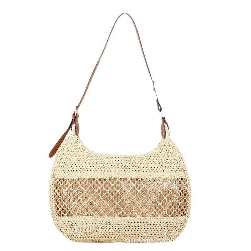 Women's casual soft straw cross body bag in khaki beige with horizontal square shape and sandwich pocket