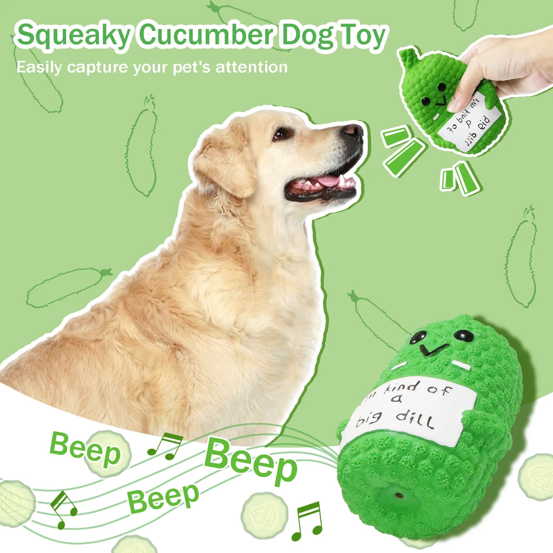 Green pickle-shaped latex dog chew toy with textured surface for teething puppies