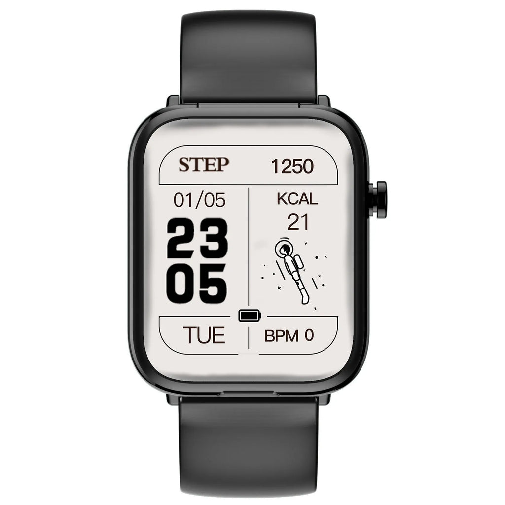 Black all-touch smart Bluetooth headset watch with 1.69-inch display and separate earbuds.