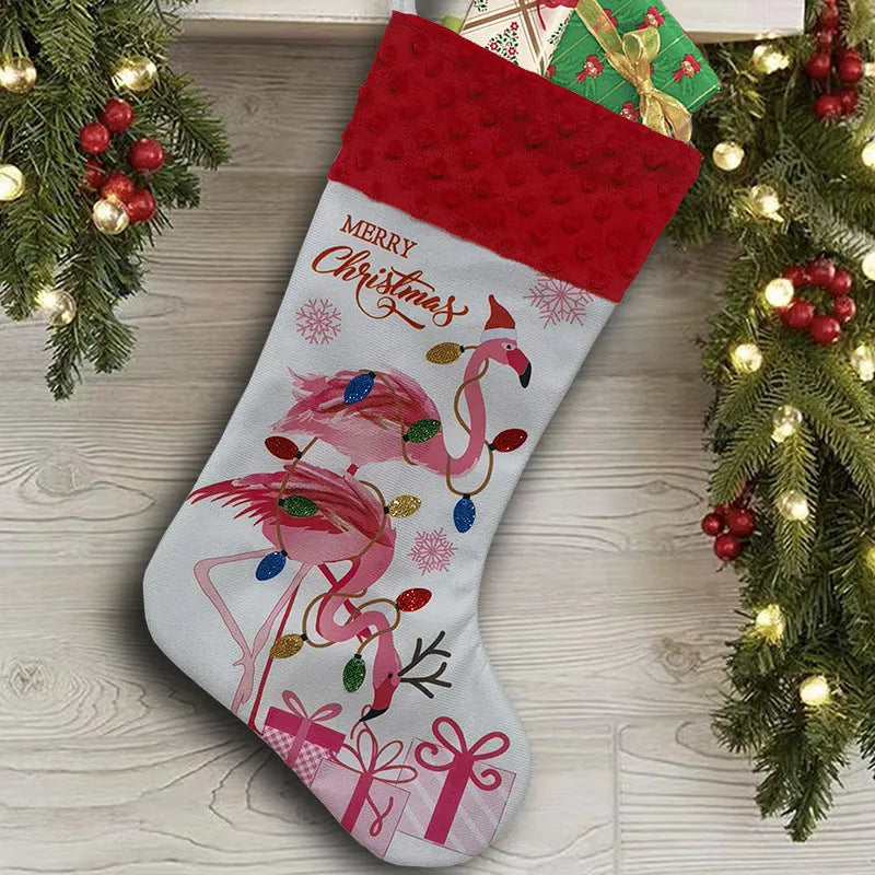 Flamingo Christmas stocking decoration in cloth material measuring 46 by 28 centimetres