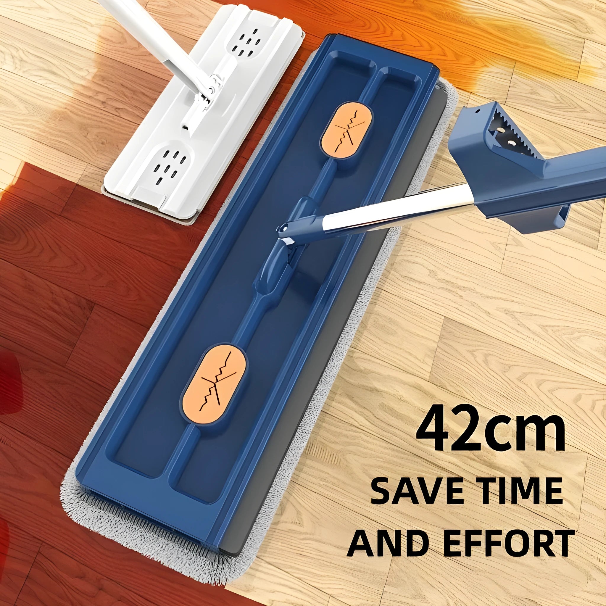 Large flat mop with a long stainless steel handle and a blue microfiber cloth on a hard floor.