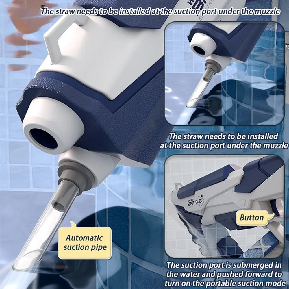 Blue electric space water gun with trigger, shown with USB charging cable and battery.