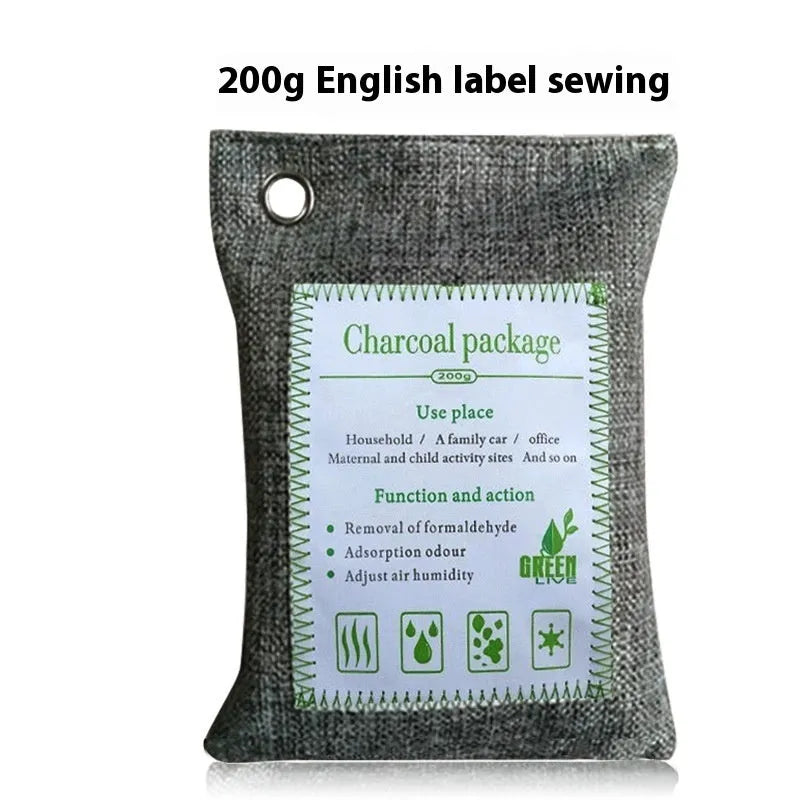 Bamboo charcoal air purifier bag in a sewn fabric pouch for formaldehyde removal.