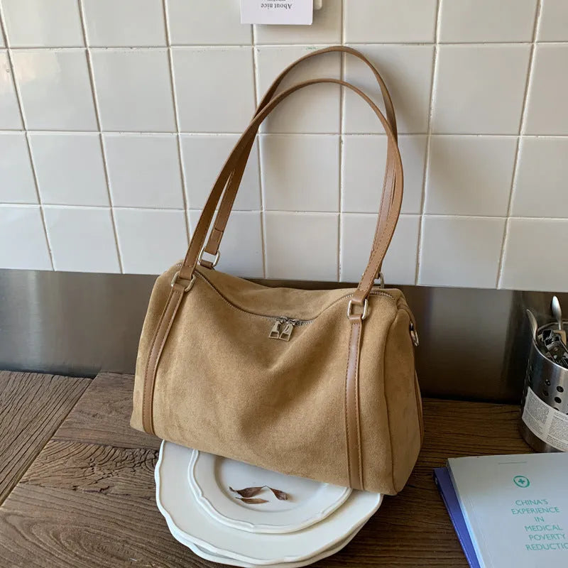 Women's suede crossbody bag in brown with large capacity and retro horizontal square shape