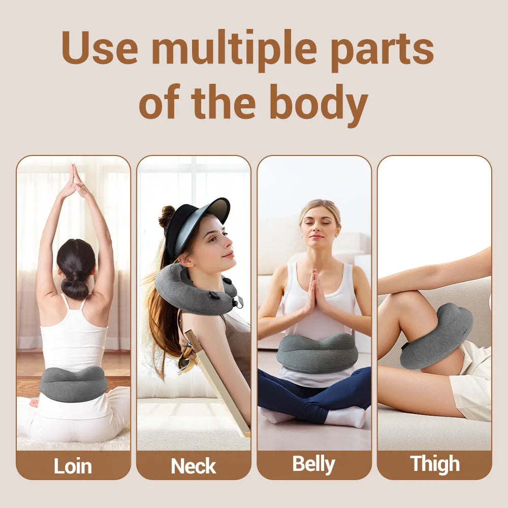 Gray inflatable U shape neck massager pillow with kneading massage modes and travel carry bag