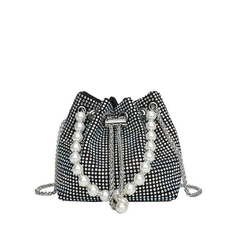 Fashion diamond-detailed PU leather bucket bag with detachable chain crossbody strap